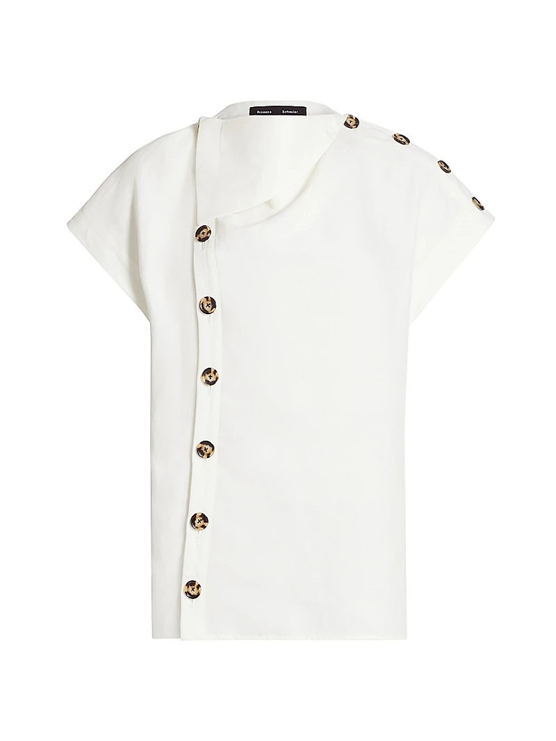 Zion Linen-Blend Foldover Collar Button-Front Top