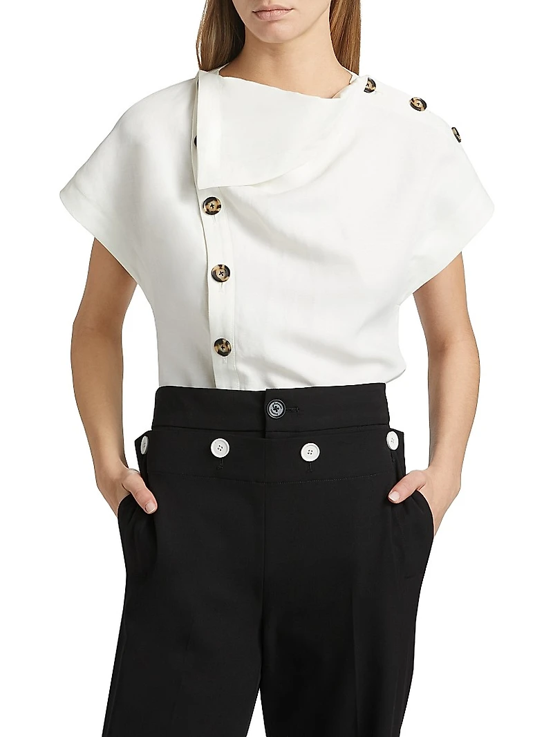 Zion Linen-Blend Foldover Collar Button-Front Top