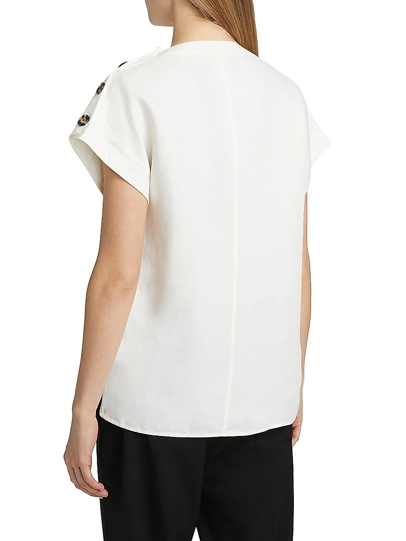 Zion Linen-Blend Foldover Collar Button-Front Top