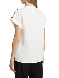 Zion Linen-Blend Foldover Collar Button-Front Top