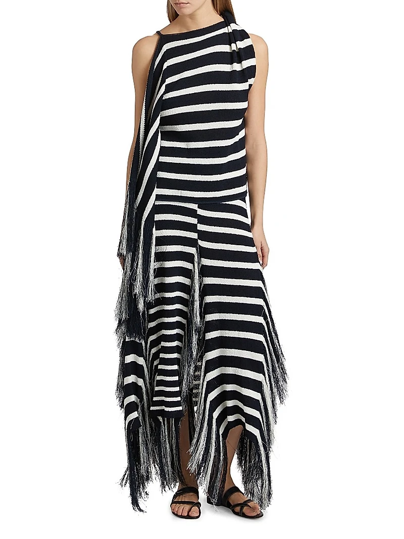 Yves Striped Cotton-Blend Fringe Asymmetric Top