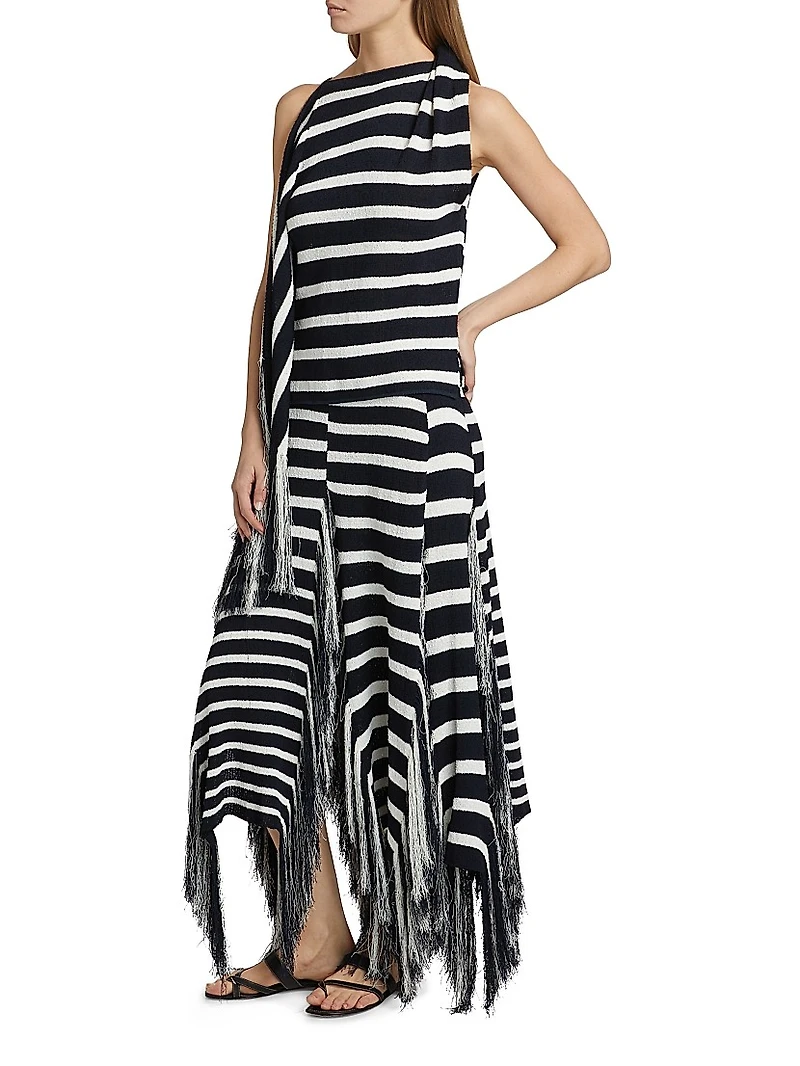 Yves Striped Cotton-Blend Fringe Asymmetric Top