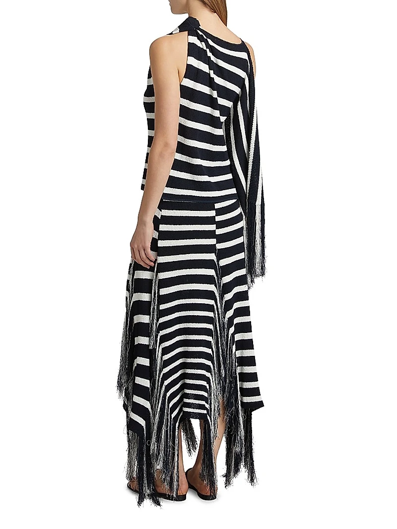 Yves Striped Cotton-Blend Fringe Asymmetric Top