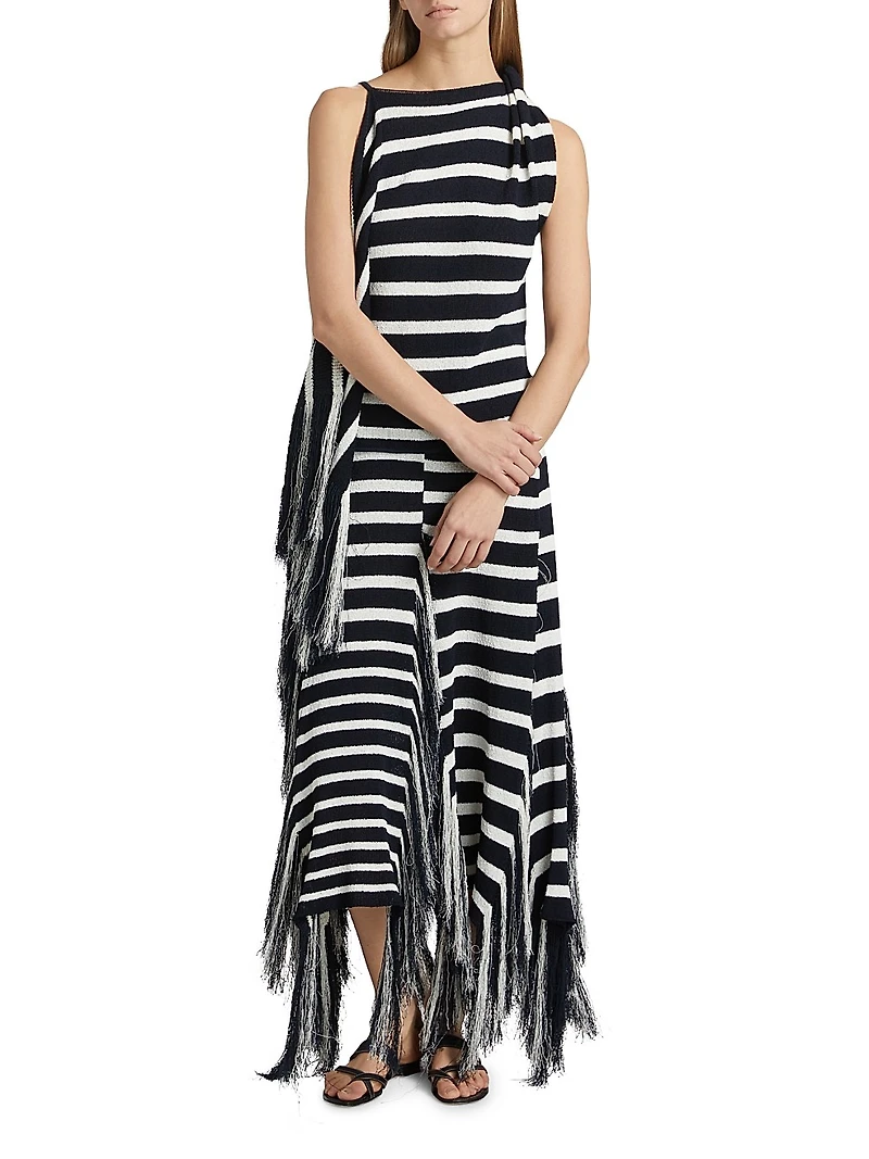 Yves Striped Cotton-Blend Fringe Asymmetric Top