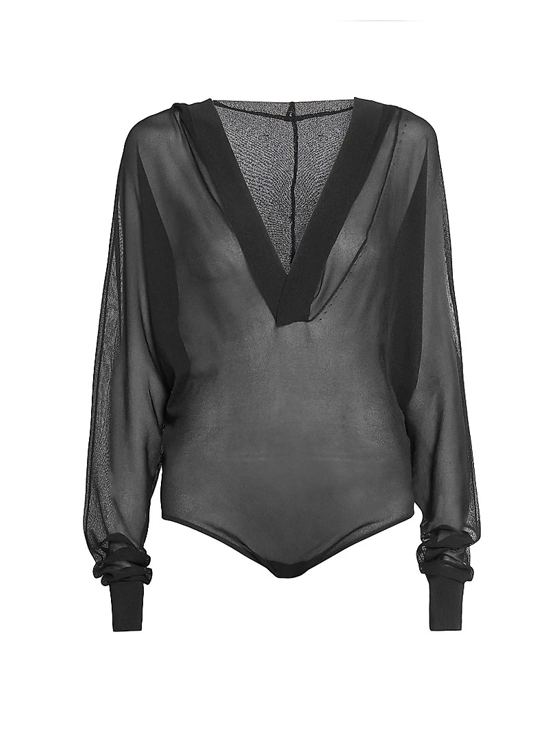 Sheer Hooded Plunging V-Neck Bodysuit