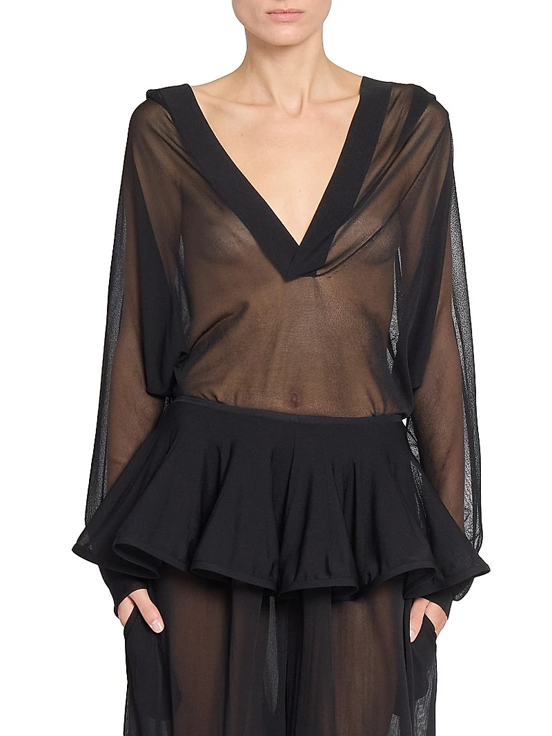 Sheer Hooded Plunging V-Neck Bodysuit