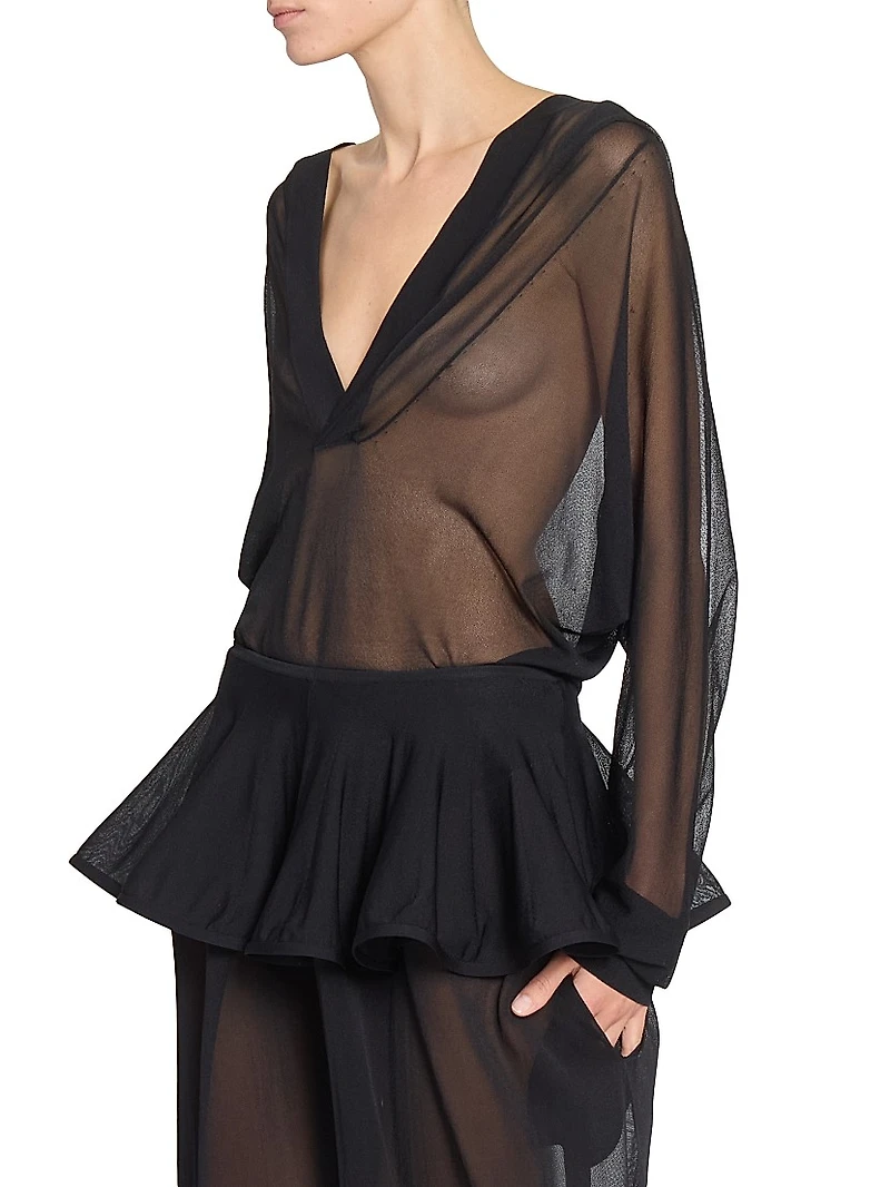 Sheer Hooded Plunging V-Neck Bodysuit