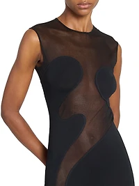 Sheer Silk-Paneled Sleeveless Maxi Dress