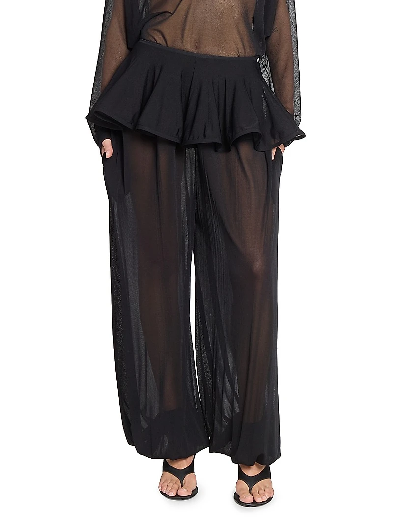Sheer Crinoline Peplum-Waist Harem Pants