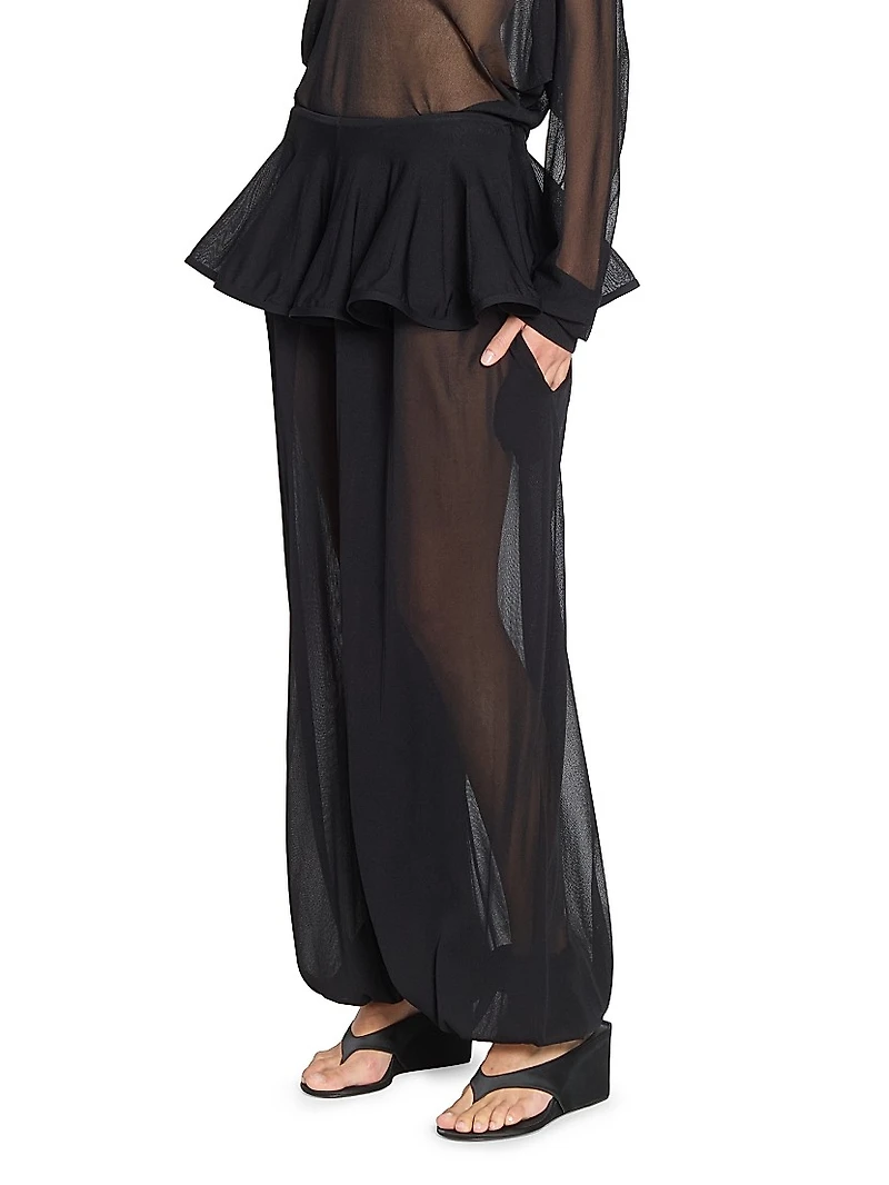 Sheer Crinoline Peplum-Waist Harem Pants