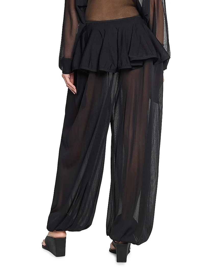Sheer Crinoline Peplum-Waist Harem Pants
