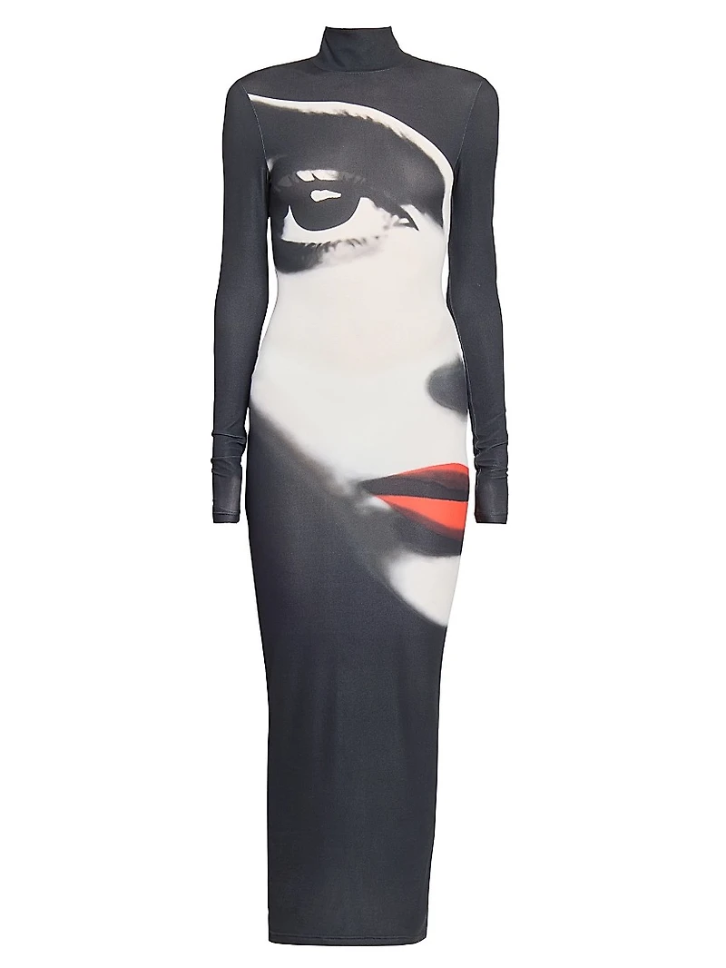 Graphic Body-Con Turtleneck Maxi Dress