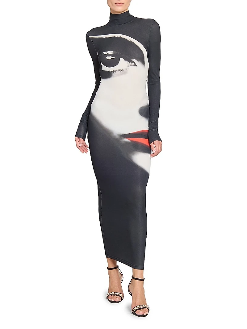 Graphic Body-Con Turtleneck Maxi Dress
