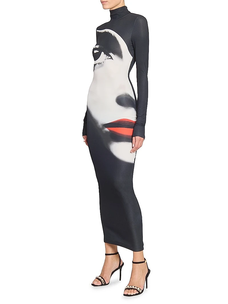 Graphic Body-Con Turtleneck Maxi Dress