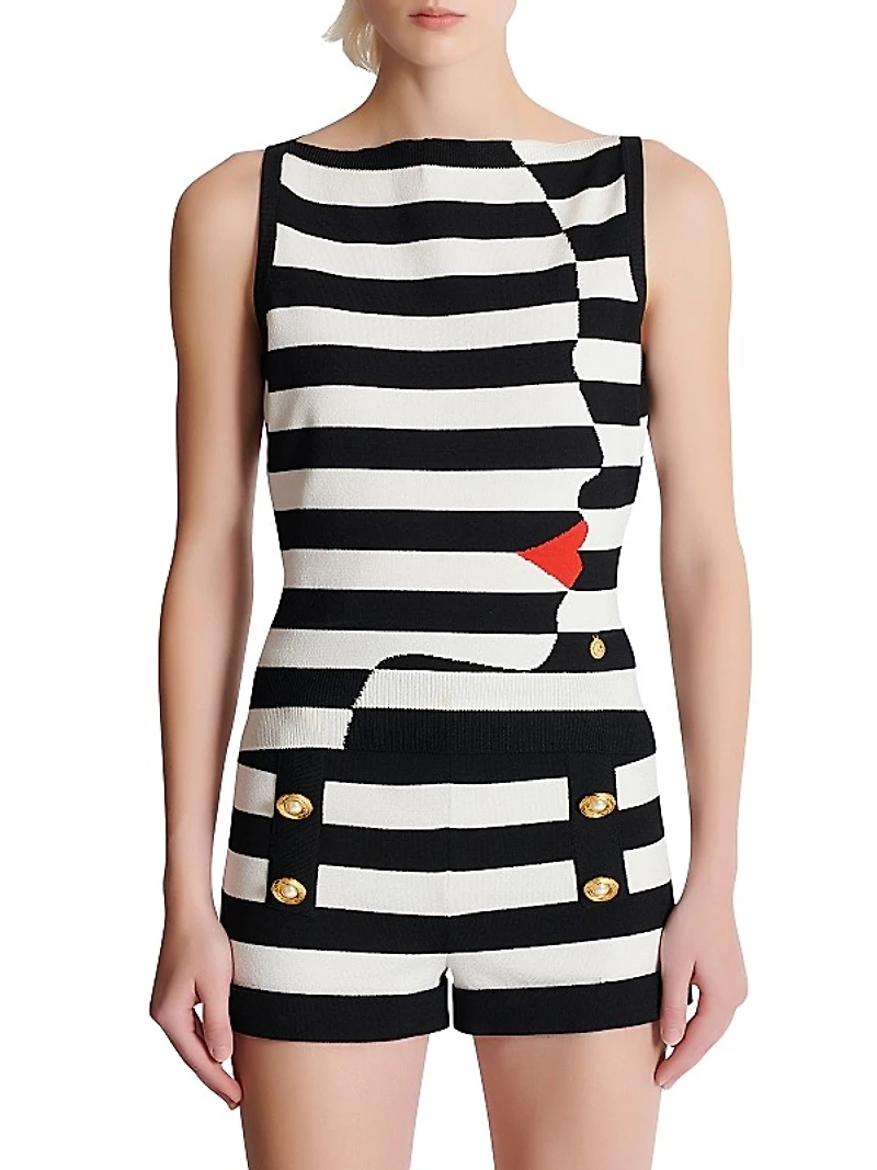 Graphic Striped Stretch-Knit Boatneck Top