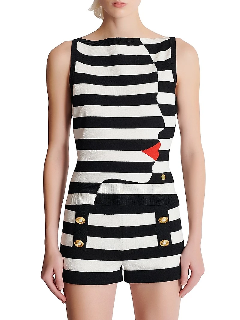 Graphic Striped Stretch-Knit Boatneck Top