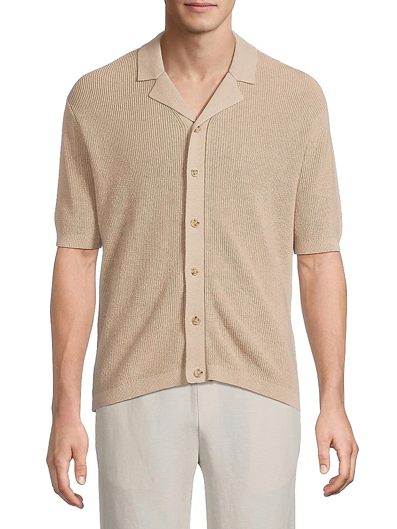 Linen-Cotton Knit Camp Shirt
