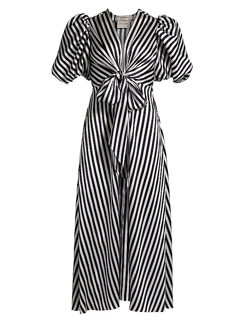 Simona Striped Stretch-Silk Tie-Waist Midi-Dress