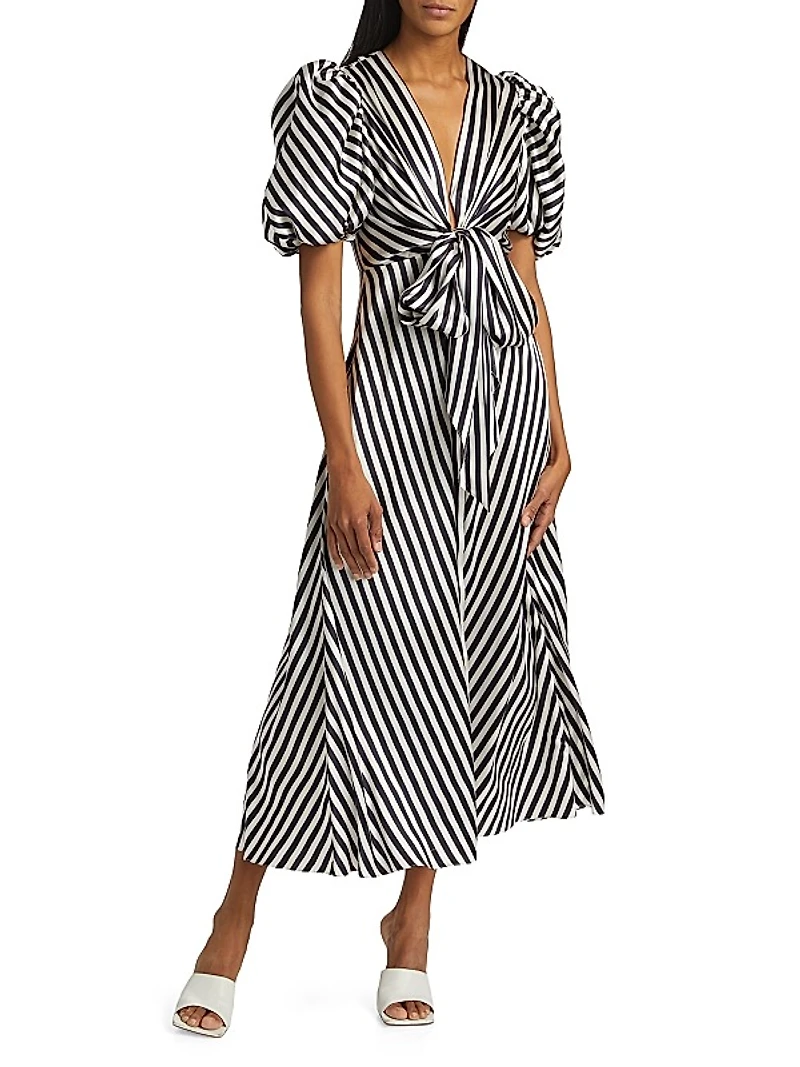 Simona Striped Stretch-Silk Tie-Waist Midi-Dress