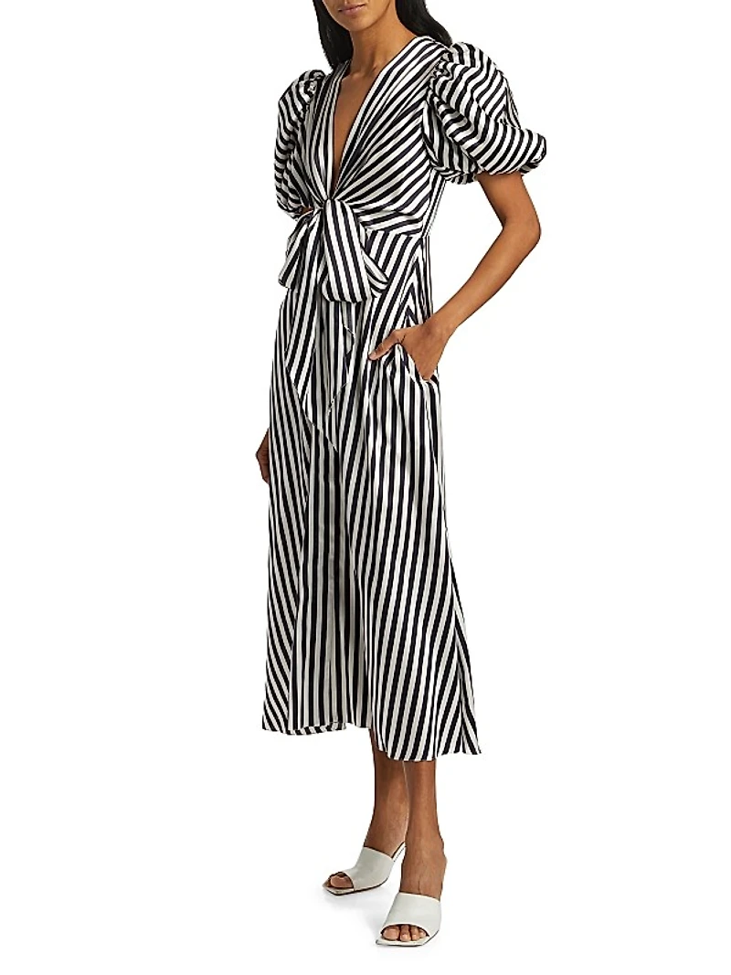 Simona Striped Stretch-Silk Tie-Waist Midi-Dress