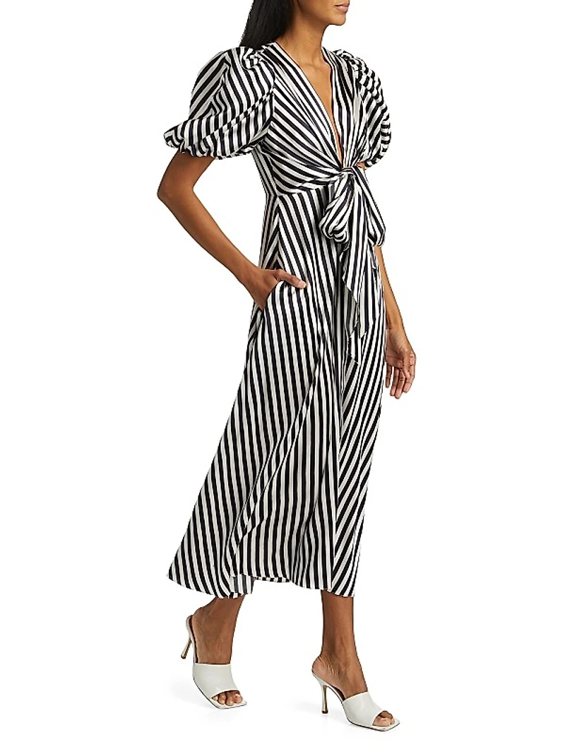 Simona Striped Stretch-Silk Tie-Waist Midi-Dress