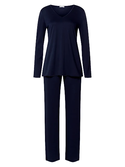 Cotton-Silk V-Neck Long Pajamas