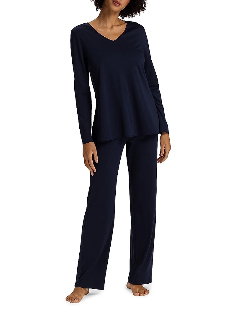 Cotton-Silk V-Neck Long Pajamas