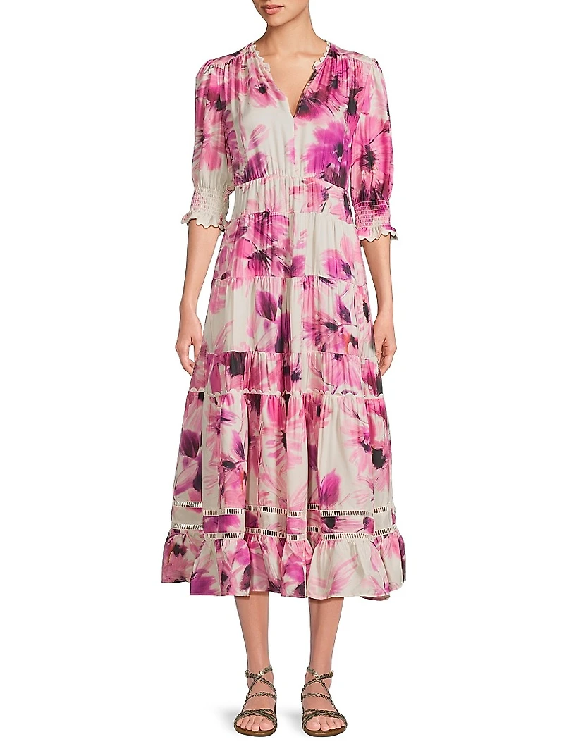 Auroria Daphne Floral Short-Sleeve Midi-Dress