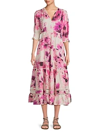 Auroria Daphne Floral Short-Sleeve Midi-Dress