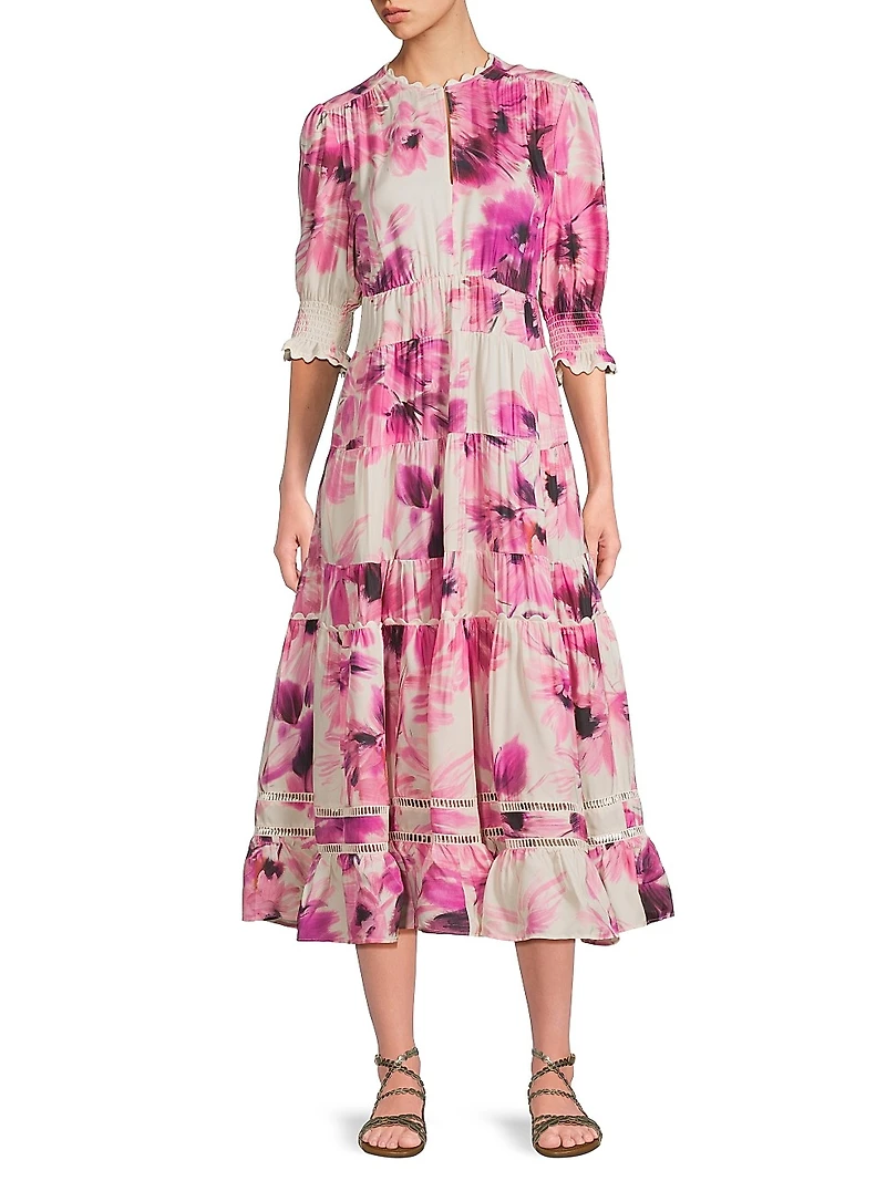 Auroria Daphne Floral Short-Sleeve Midi-Dress