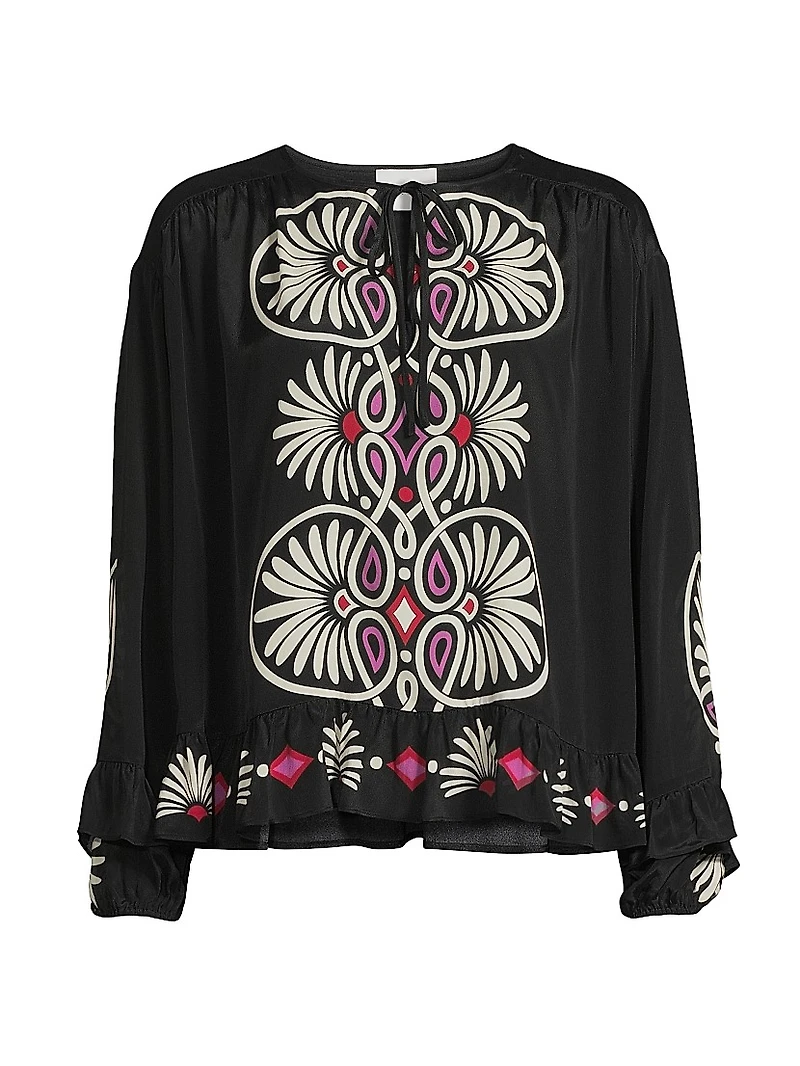 Madelyn Geometric Ruffled Tie-Neck Blouse