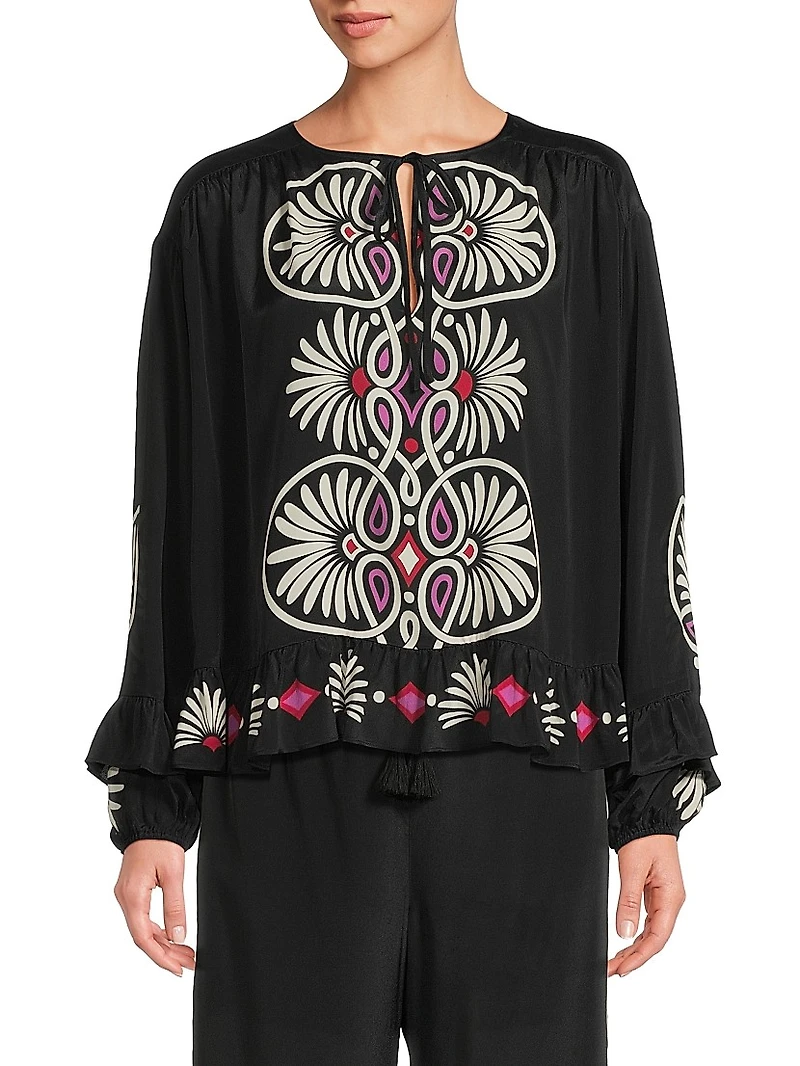 Madelyn Geometric Ruffled Tie-Neck Blouse