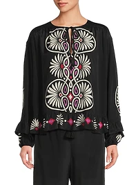 Madelyn Geometric Ruffled Tie-Neck Blouse