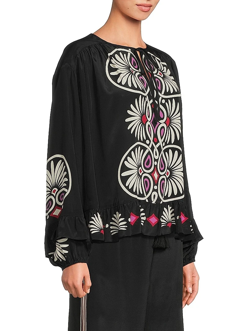 Madelyn Geometric Ruffled Tie-Neck Blouse