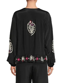 Madelyn Geometric Ruffled Tie-Neck Blouse