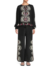 Madelyn Geometric Ruffled Tie-Neck Blouse