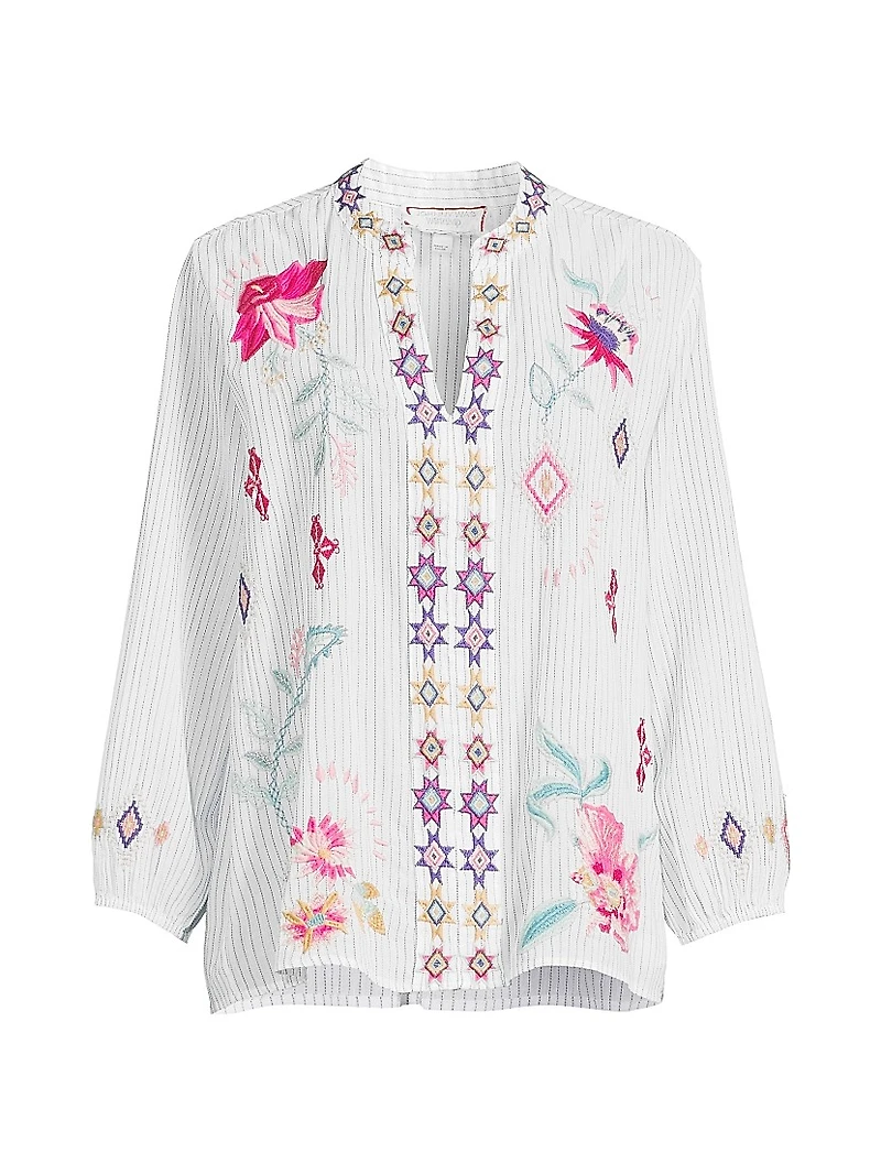 Paris Embroidered Cotton Split-Neck Blouse