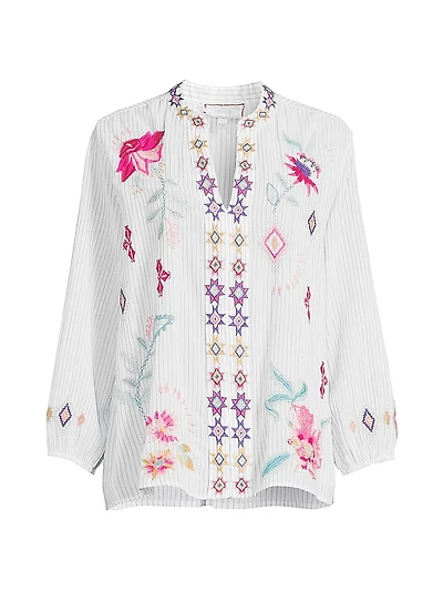 Paris Embroidered Cotton Split-Neck Blouse