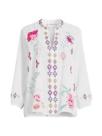 Paris Embroidered Cotton Split-Neck Blouse
