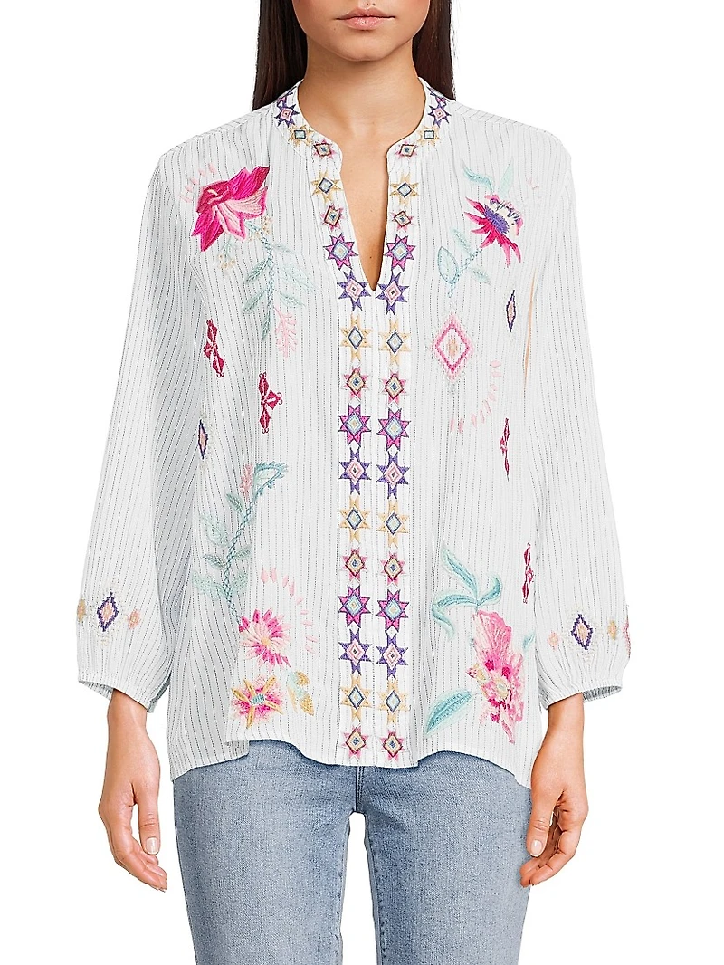 Paris Embroidered Cotton Split-Neck Blouse