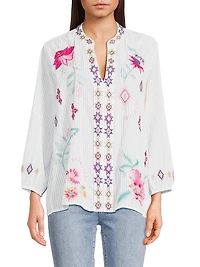 Paris Embroidered Cotton Split-Neck Blouse