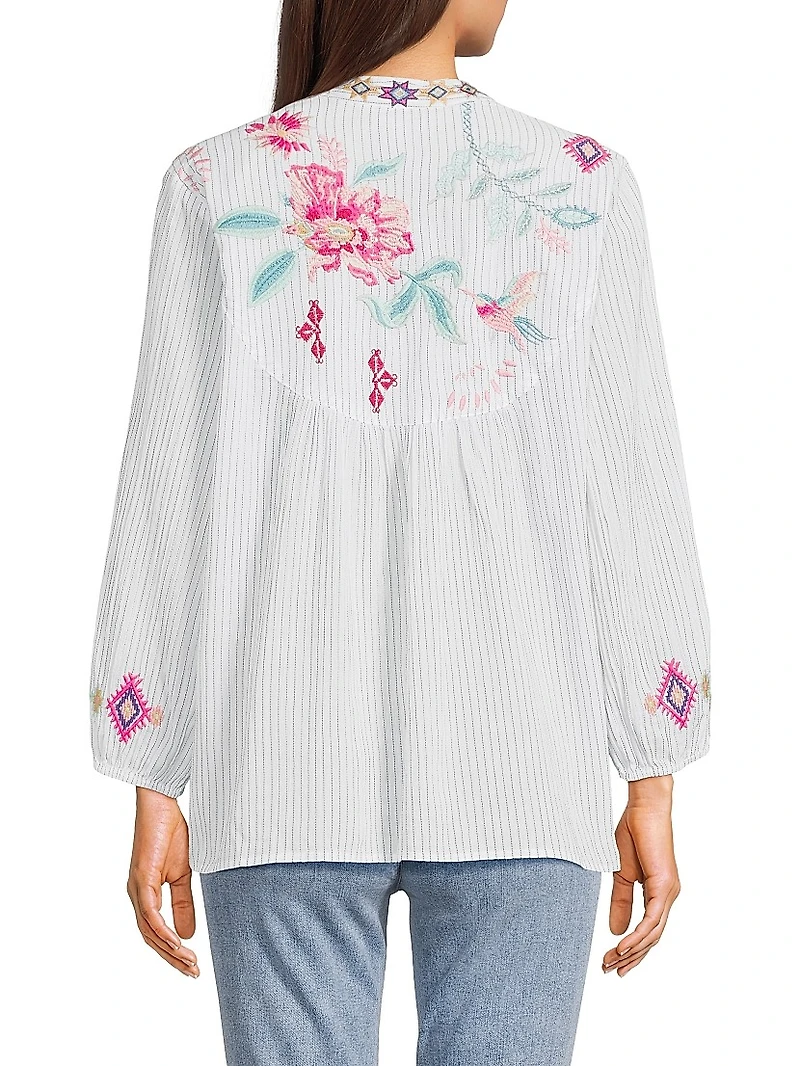 Paris Embroidered Cotton Split-Neck Blouse