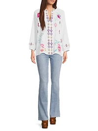 Paris Embroidered Cotton Split-Neck Blouse