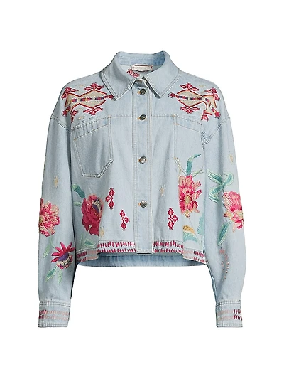 Talulla Floral-Embroidered Denim Crop Jacket
