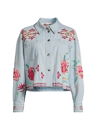 Talulla Floral-Embroidered Denim Crop Jacket