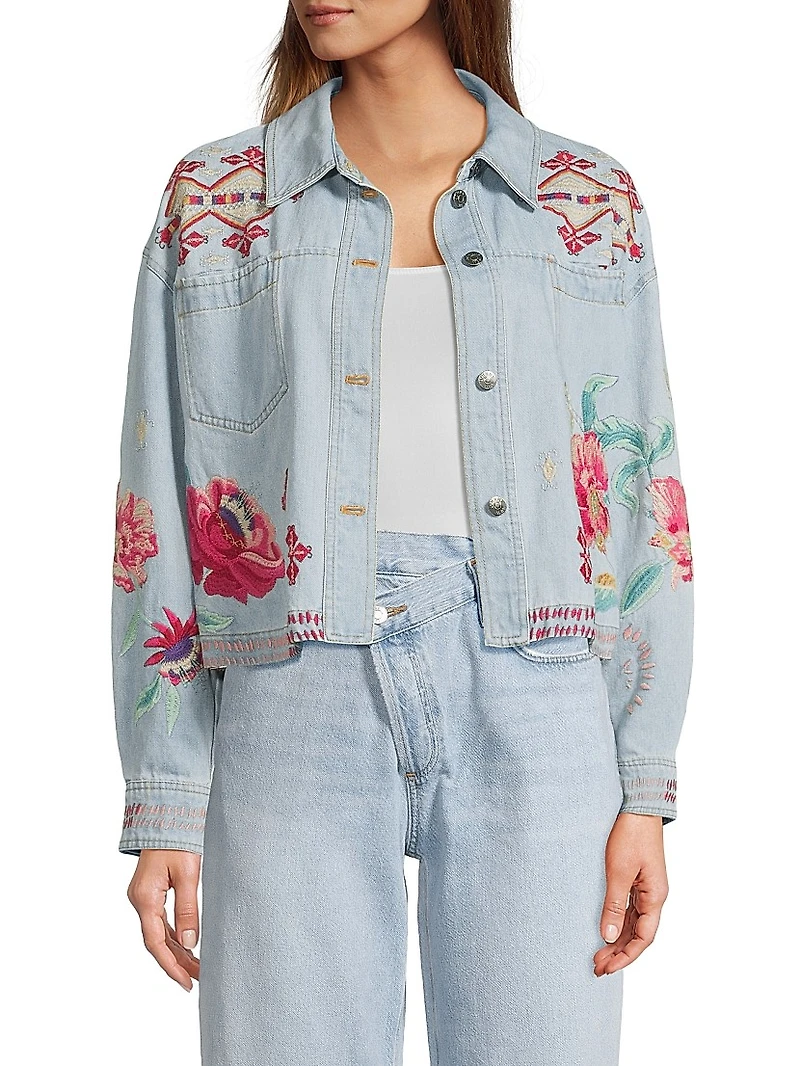 Talulla Floral-Embroidered Denim Crop Jacket