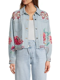 Talulla Floral-Embroidered Denim Crop Jacket