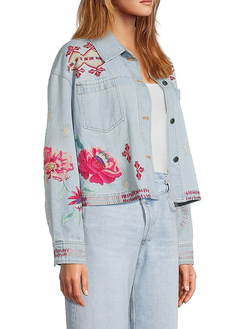 Talulla Floral-Embroidered Denim Crop Jacket