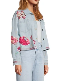 Talulla Floral-Embroidered Denim Crop Jacket