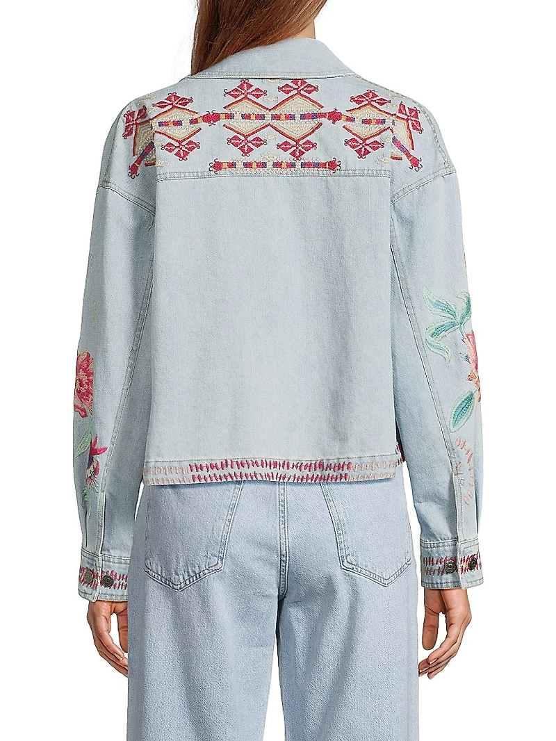 Talulla Floral-Embroidered Denim Crop Jacket